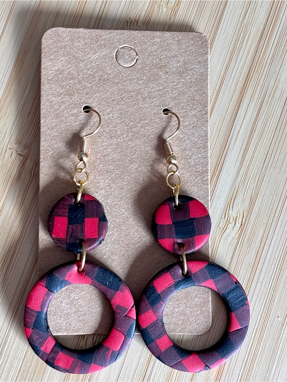 Handcrafted Red and Black Check Hoop Drop Earrings